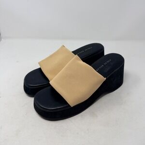 Colin Stuart Beige Black Platform Wedge Slide Sandals Size 8.5 Quiet Luxury Y2K